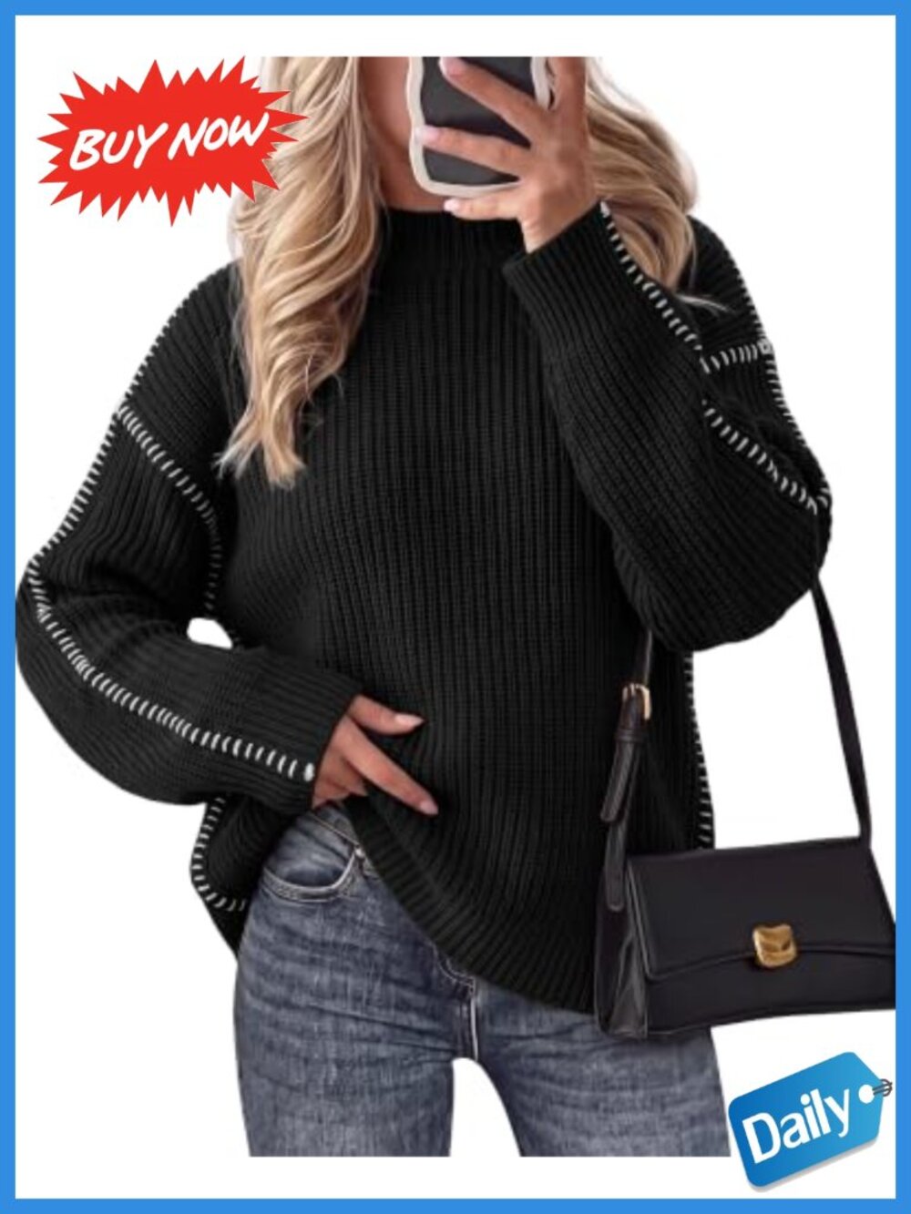 Oversized Chunky Knit Sweater Mock Neck Drop Shoulder Loose Fit Women